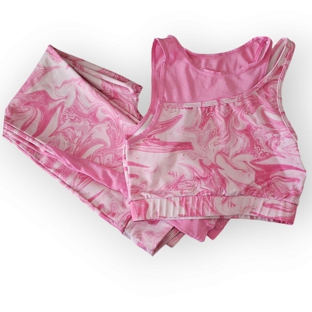 Zara Girls Pink Marble Tie Dye Activewear Set Leggings & Sports Bra Size 11-12